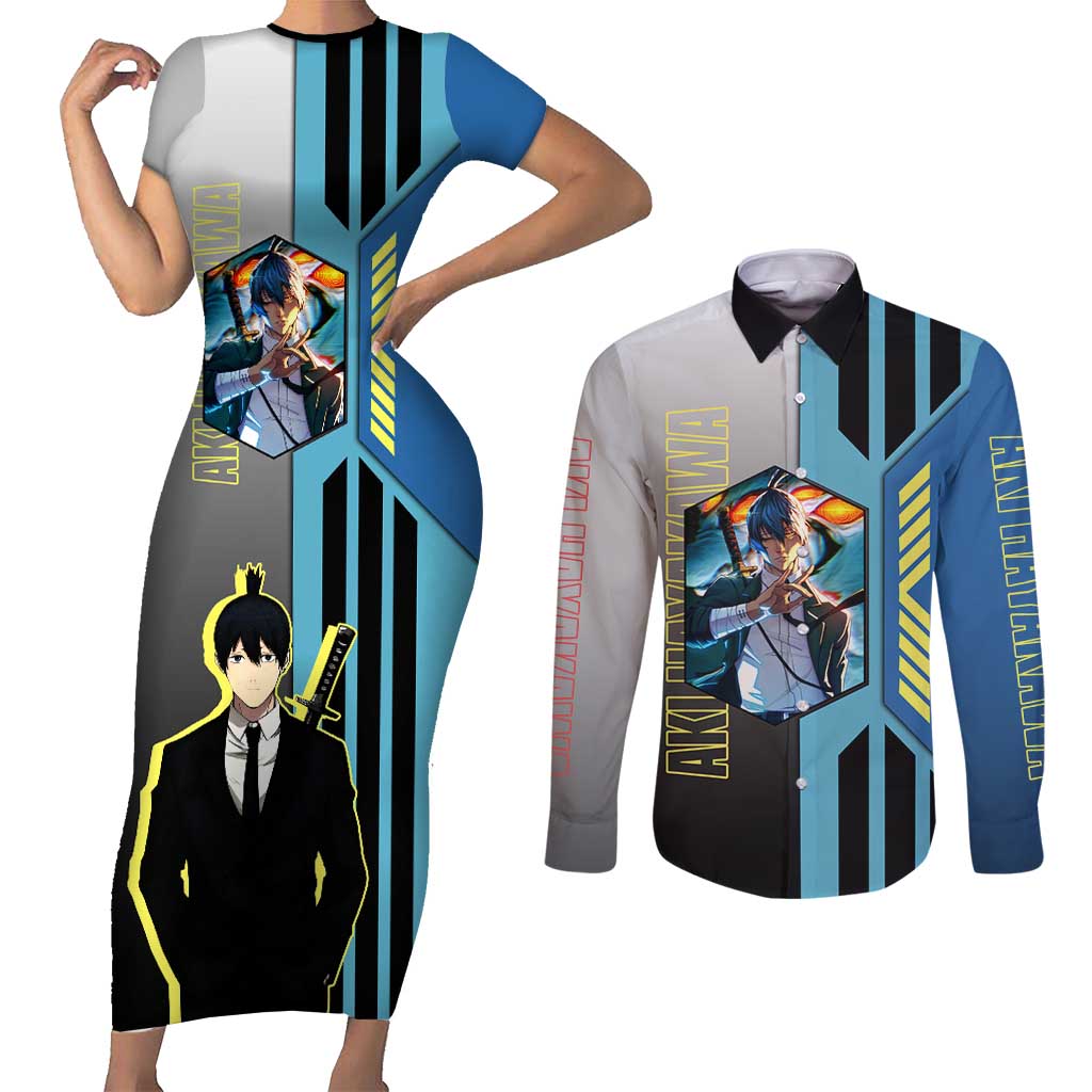Aki Hayakawa from Chainsaw Man Couples Matching Short Sleeve Bodycon Dress and Long Sleeve Button Shirt with Sword and Stylish Pose Design - The Mazicc