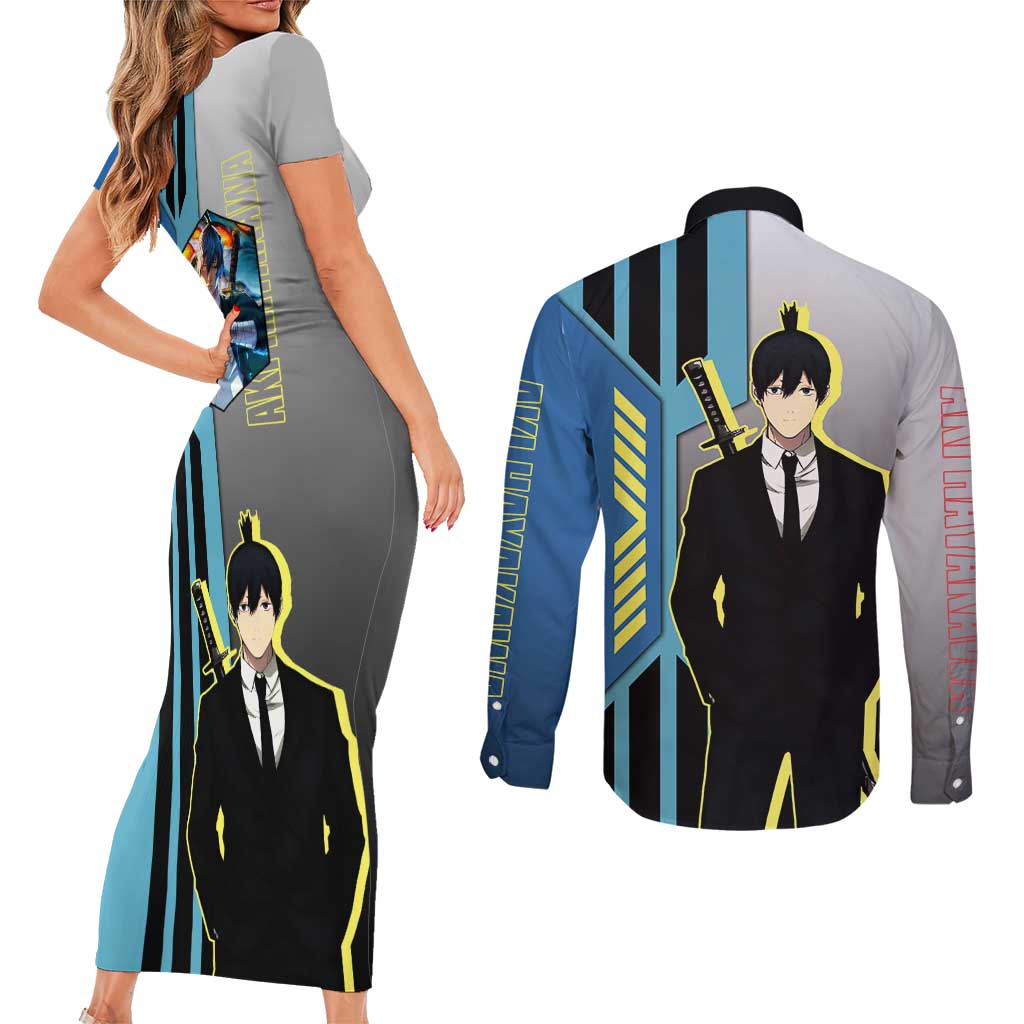Aki Hayakawa from Chainsaw Man Couples Matching Short Sleeve Bodycon Dress and Long Sleeve Button Shirt with Sword and Stylish Pose Design - The Mazicc