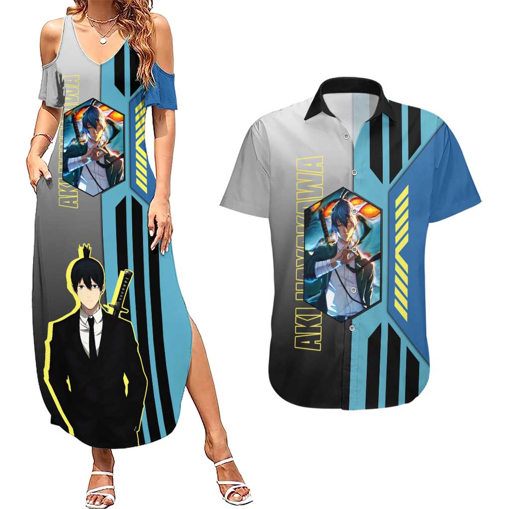 Aki Hayakawa from Chainsaw Man Couples Matching Summer Maxi Dress and Hawaiian Shirt with Sword and Stylish Pose Design - The Mazicc