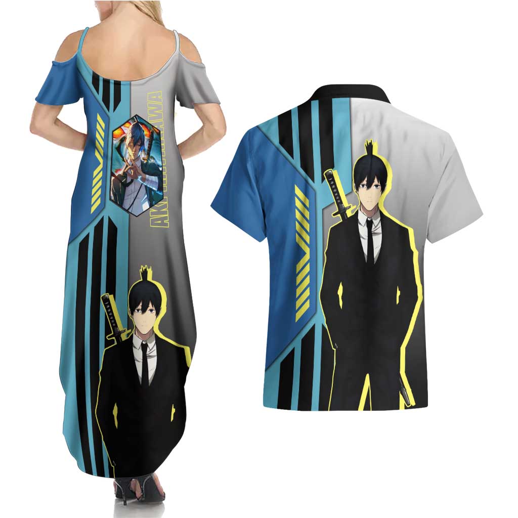 Aki Hayakawa from Chainsaw Man Couples Matching Summer Maxi Dress and Hawaiian Shirt with Sword and Stylish Pose Design - The Mazicc