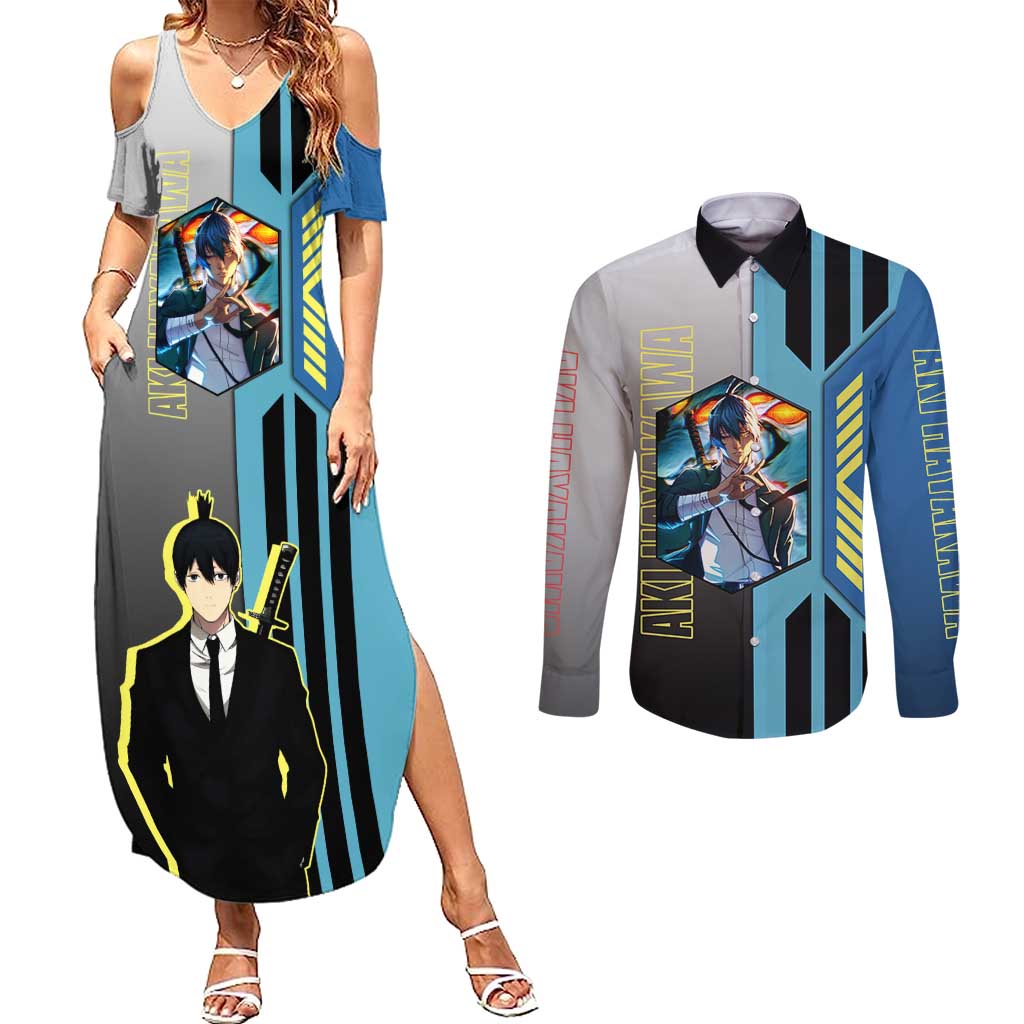 Aki Hayakawa from Chainsaw Man Couples Matching Summer Maxi Dress and Long Sleeve Button Shirt with Sword and Stylish Pose Design - The Mazicc
