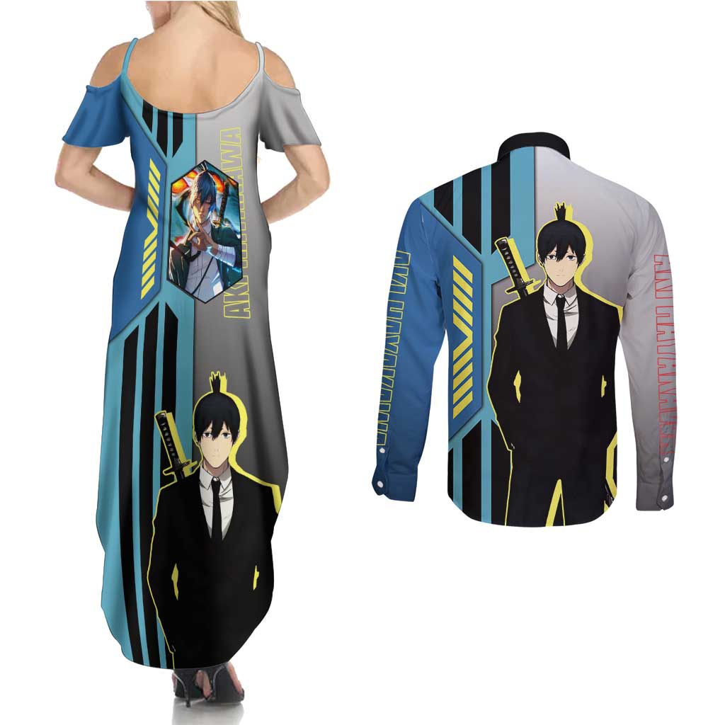 Aki Hayakawa from Chainsaw Man Couples Matching Summer Maxi Dress and Long Sleeve Button Shirt with Sword and Stylish Pose Design - The Mazicc