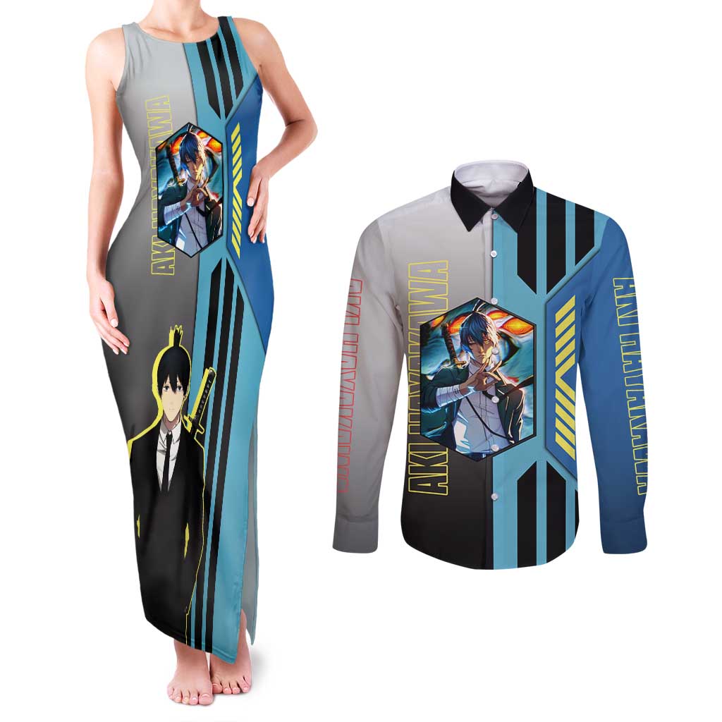 Aki Hayakawa from Chainsaw Man Couples Matching Tank Maxi Dress and Long Sleeve Button Shirt with Sword and Stylish Pose Design - The Mazicc
