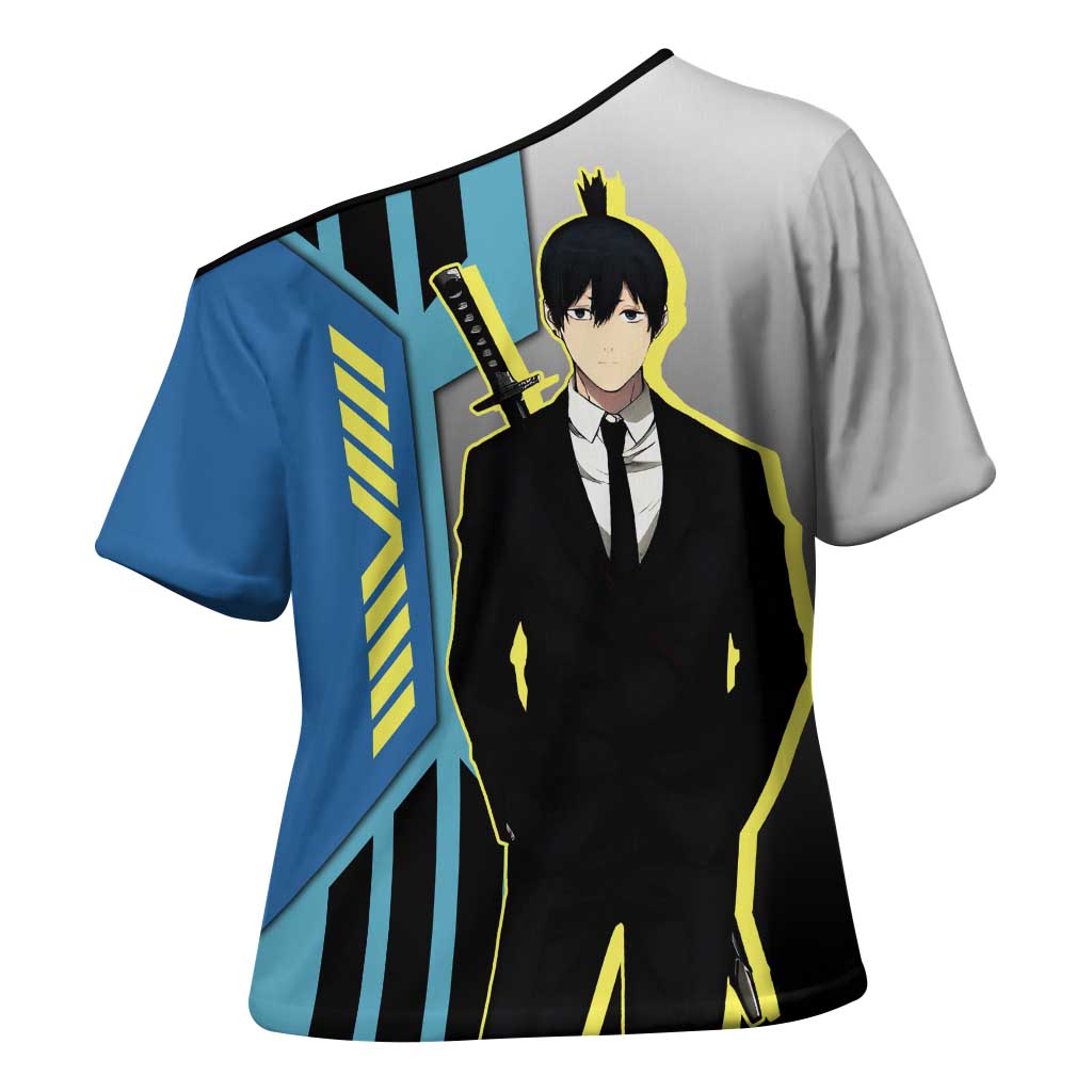 Aki Hayakawa from Chainsaw Man Cross Shoulder Shirt with Sword and Stylish Pose Design - The Mazicc