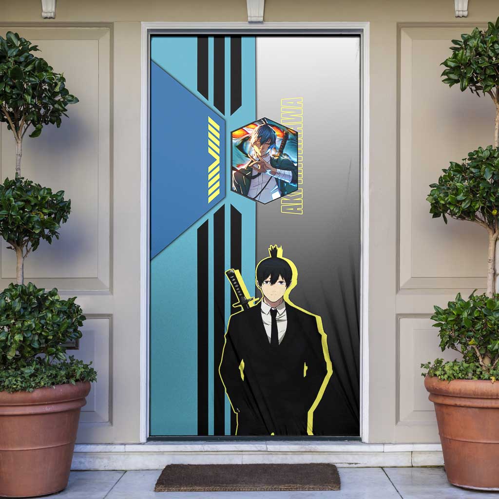 Aki Hayakawa from Chainsaw Man Door Cover with Sword and Stylish Pose Design - The Mazicc