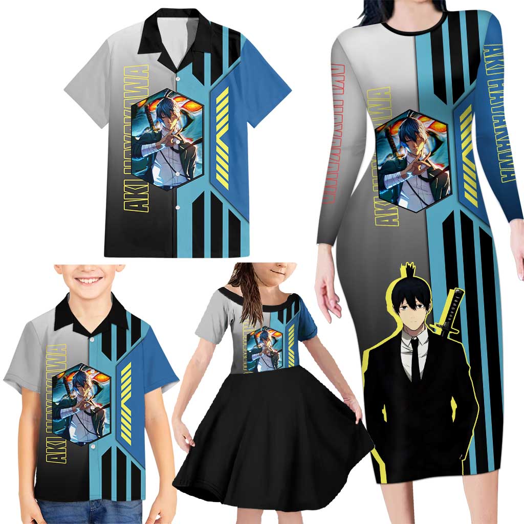 Aki Hayakawa from Chainsaw Man Family Matching Long Sleeve Bodycon Dress and Hawaiian Shirt with Sword and Stylish Pose Design - The Mazicc