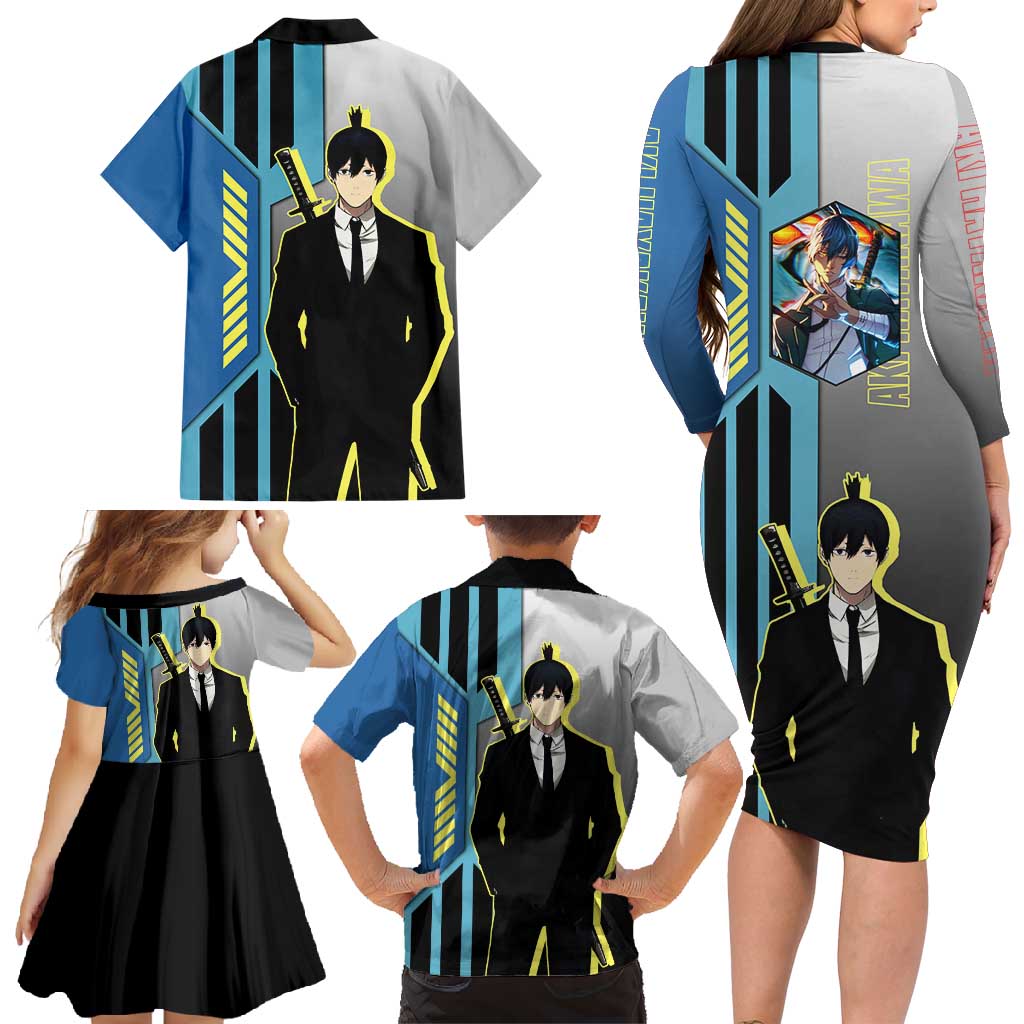 Aki Hayakawa from Chainsaw Man Family Matching Long Sleeve Bodycon Dress and Hawaiian Shirt with Sword and Stylish Pose Design - The Mazicc