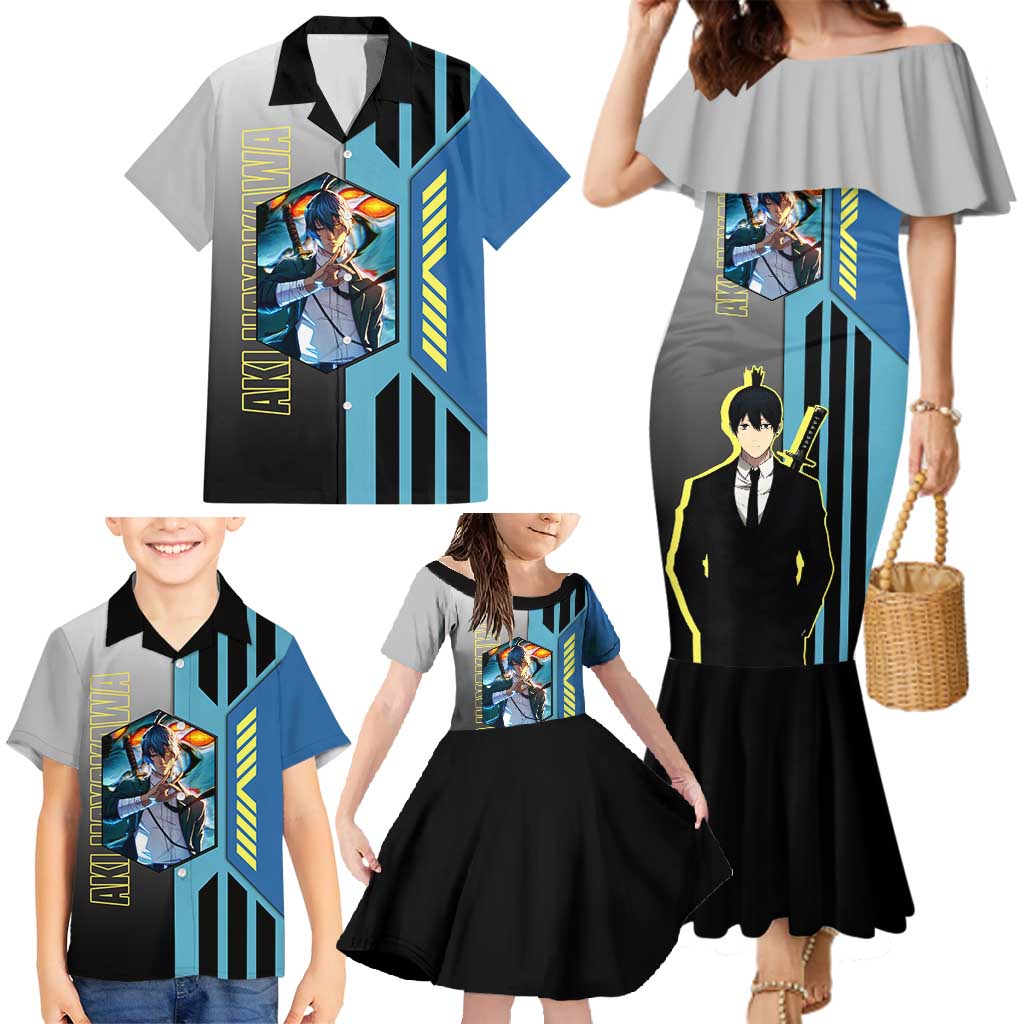 Aki Hayakawa from Chainsaw Man Family Matching Mermaid Dress and Hawaiian Shirt with Sword and Stylish Pose Design - The Mazicc