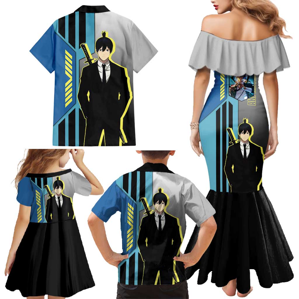 Aki Hayakawa from Chainsaw Man Family Matching Mermaid Dress and Hawaiian Shirt with Sword and Stylish Pose Design - The Mazicc