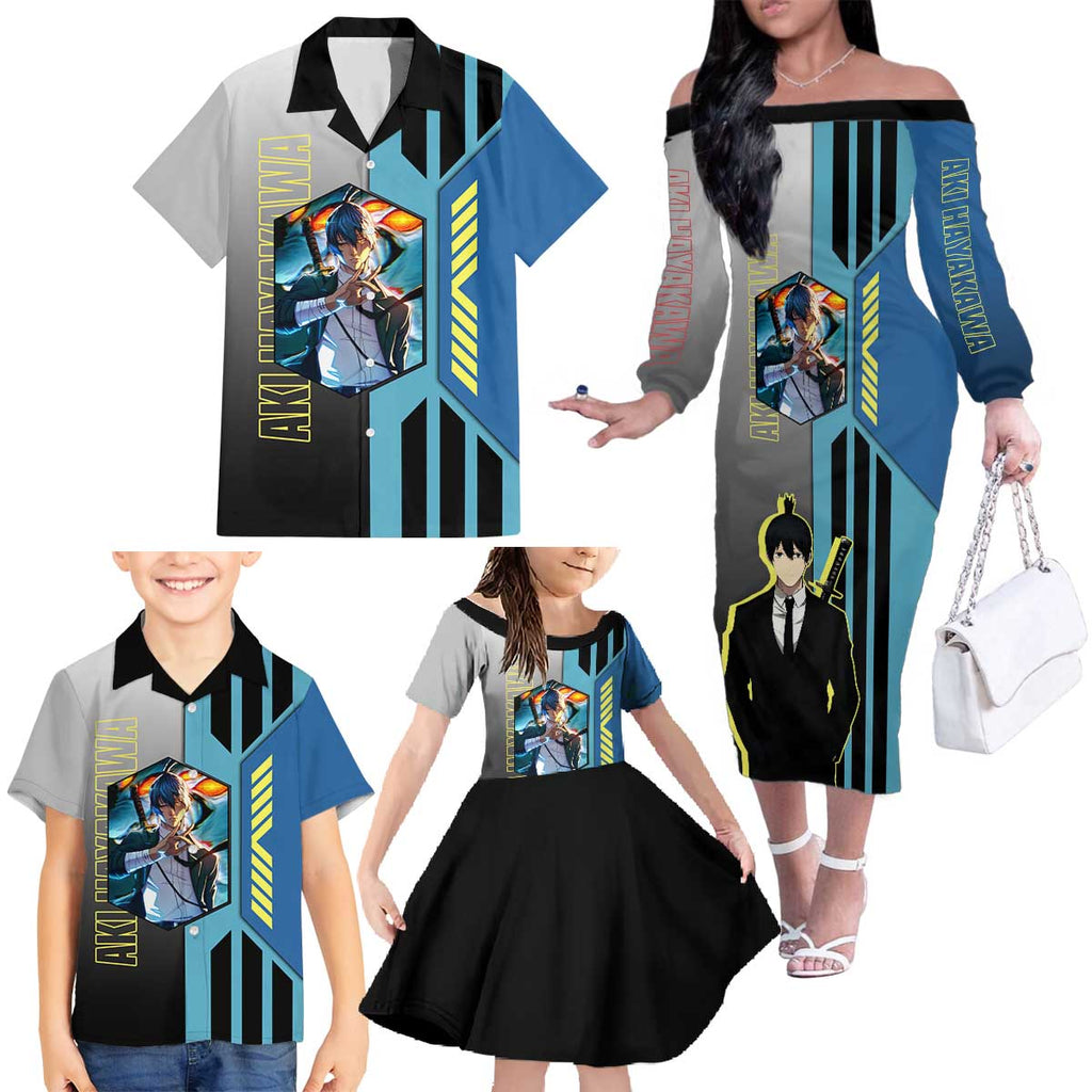 Aki Hayakawa from Chainsaw Man Family Matching Off The Shoulder Long Sleeve Dress and Hawaiian Shirt with Sword and Stylish Pose Design - The Mazicc