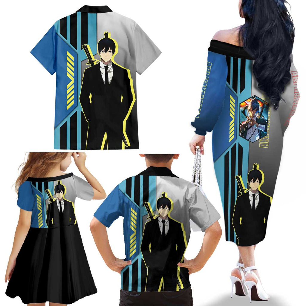 Aki Hayakawa from Chainsaw Man Family Matching Off The Shoulder Long Sleeve Dress and Hawaiian Shirt with Sword and Stylish Pose Design - The Mazicc
