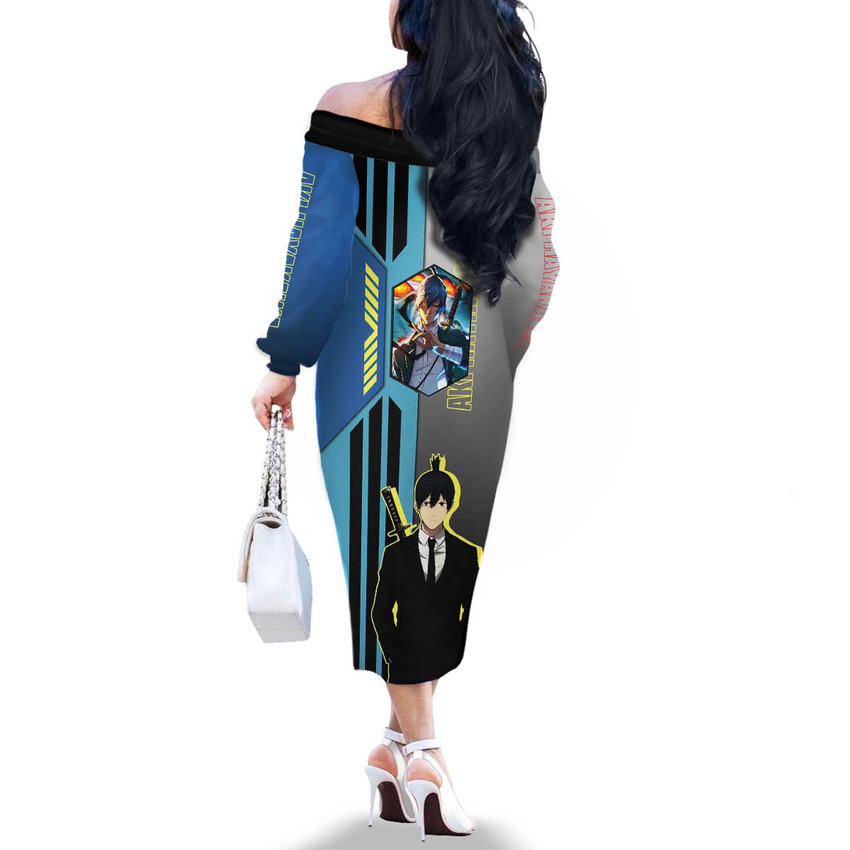 Aki Hayakawa from Chainsaw Man Family Matching Off The Shoulder Long Sleeve Dress and Hawaiian Shirt with Sword and Stylish Pose Design - The Mazicc