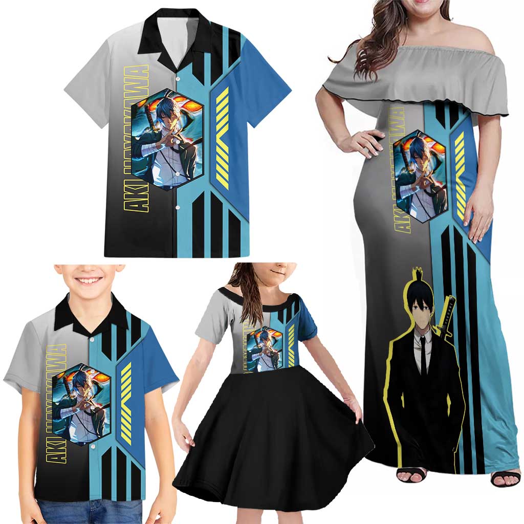 Aki Hayakawa from Chainsaw Man Family Matching Off Shoulder Maxi Dress and Hawaiian Shirt with Sword and Stylish Pose Design - The Mazicc
