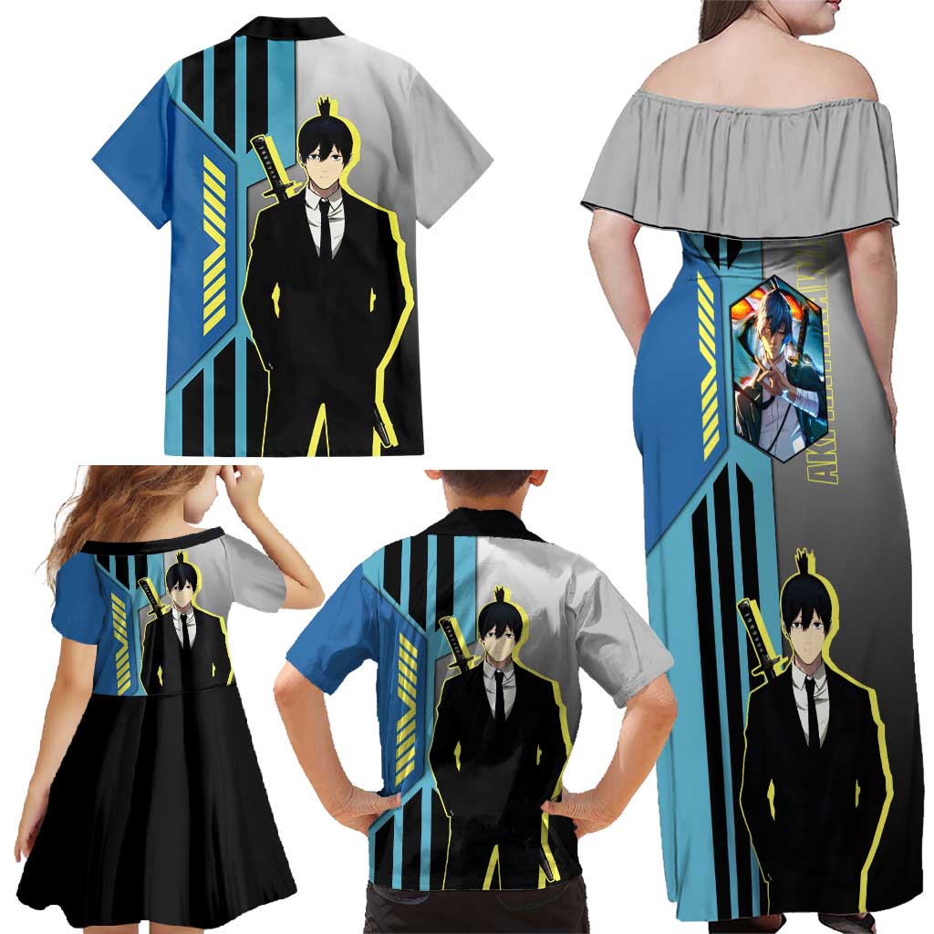Aki Hayakawa from Chainsaw Man Family Matching Off Shoulder Maxi Dress and Hawaiian Shirt with Sword and Stylish Pose Design - The Mazicc