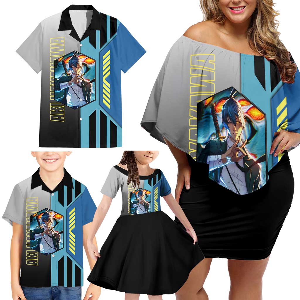 Aki Hayakawa from Chainsaw Man Family Matching Off Shoulder Short Dress and Hawaiian Shirt with Sword and Stylish Pose Design - The Mazicc