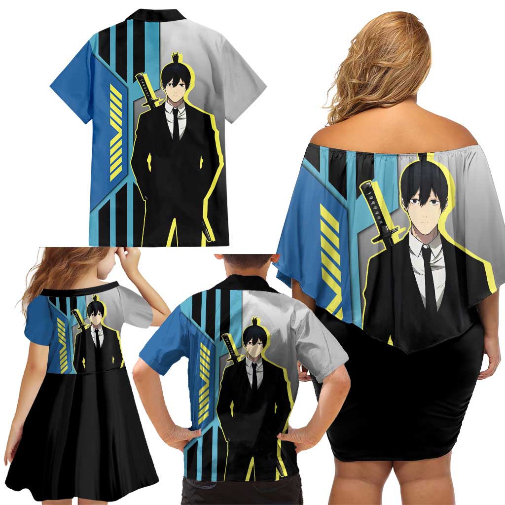 Aki Hayakawa from Chainsaw Man Family Matching Off Shoulder Short Dress and Hawaiian Shirt with Sword and Stylish Pose Design - The Mazicc
