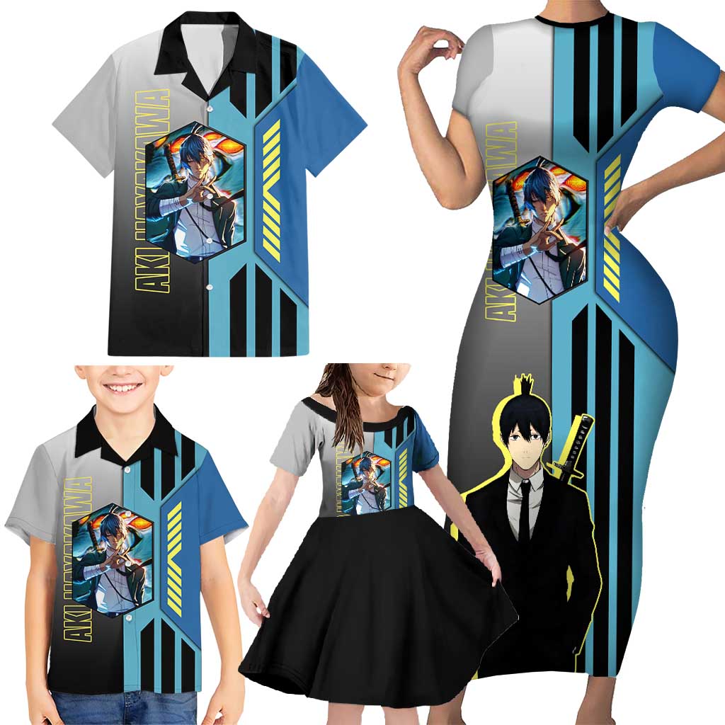 Aki Hayakawa from Chainsaw Man Family Matching Short Sleeve Bodycon Dress and Hawaiian Shirt with Sword and Stylish Pose Design - The Mazicc