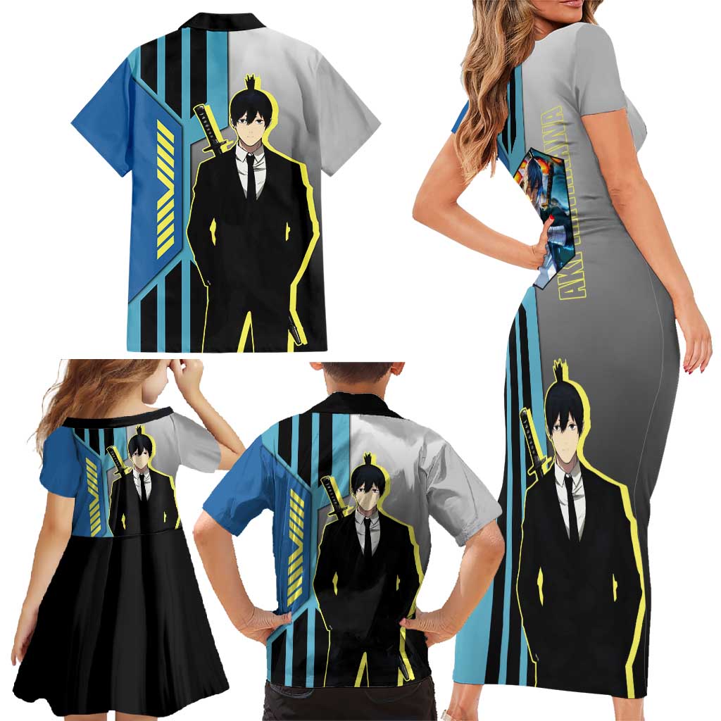 Aki Hayakawa from Chainsaw Man Family Matching Short Sleeve Bodycon Dress and Hawaiian Shirt with Sword and Stylish Pose Design - The Mazicc