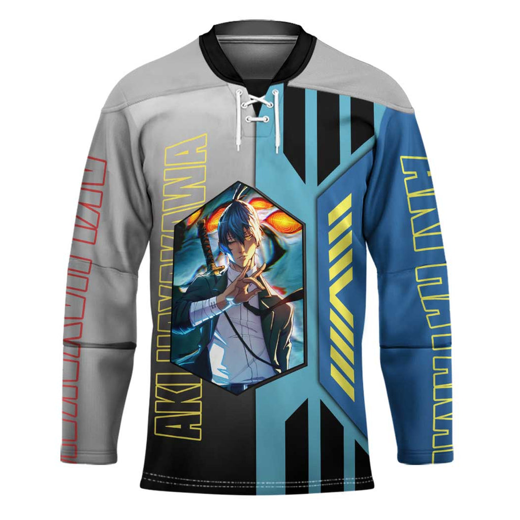Aki Hayakawa from Chainsaw Man Hockey Jersey with Sword and Stylish Pose Design - The Mazicc