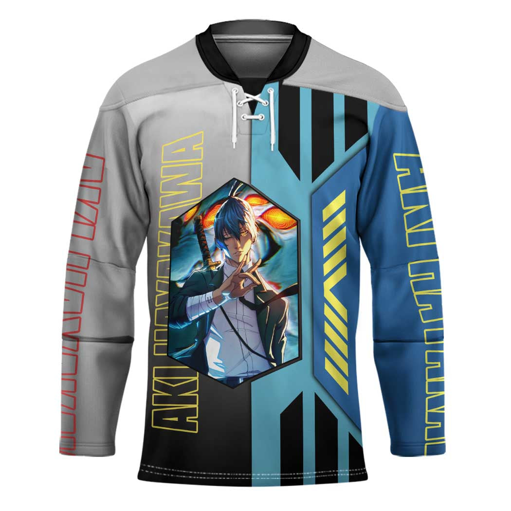 Aki Hayakawa from Chainsaw Man Hockey Jersey with Sword and Stylish Pose Design - The Mazicc