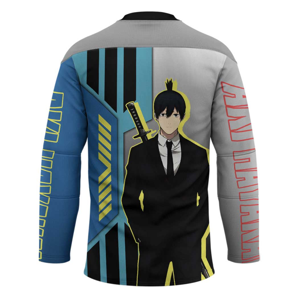 Aki Hayakawa from Chainsaw Man Hockey Jersey with Sword and Stylish Pose Design - The Mazicc