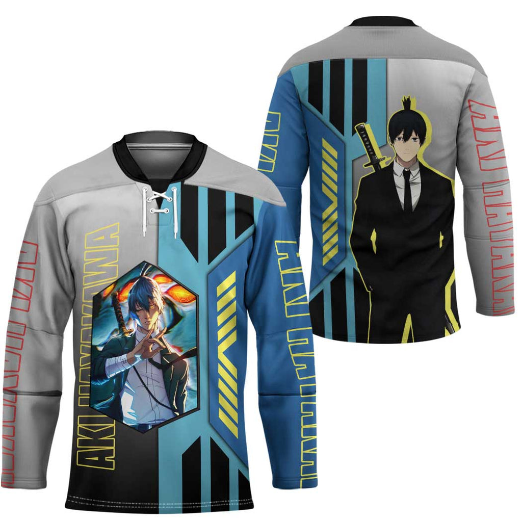Aki Hayakawa from Chainsaw Man Hockey Jersey with Sword and Stylish Pose Design - The Mazicc
