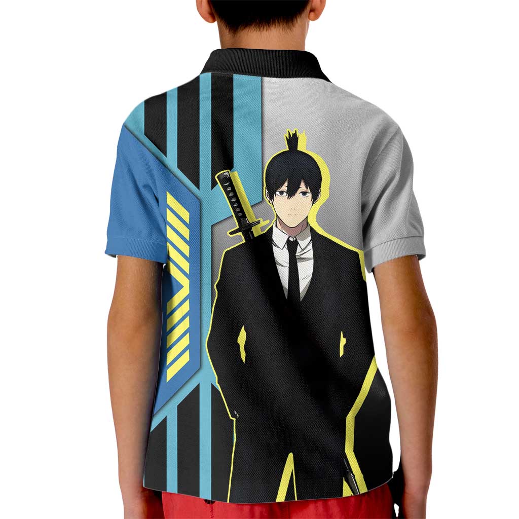 Aki Hayakawa from Chainsaw Man Kid Polo Shirt with Sword and Stylish Pose Design - The Mazicc