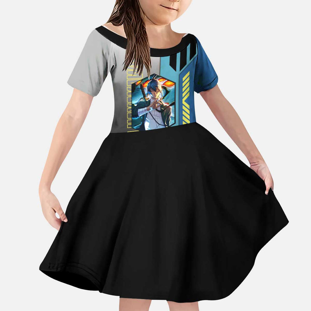 Aki Hayakawa from Chainsaw Man Kid Short Sleeve Dress with Sword and Stylish Pose Design - The Mazicc