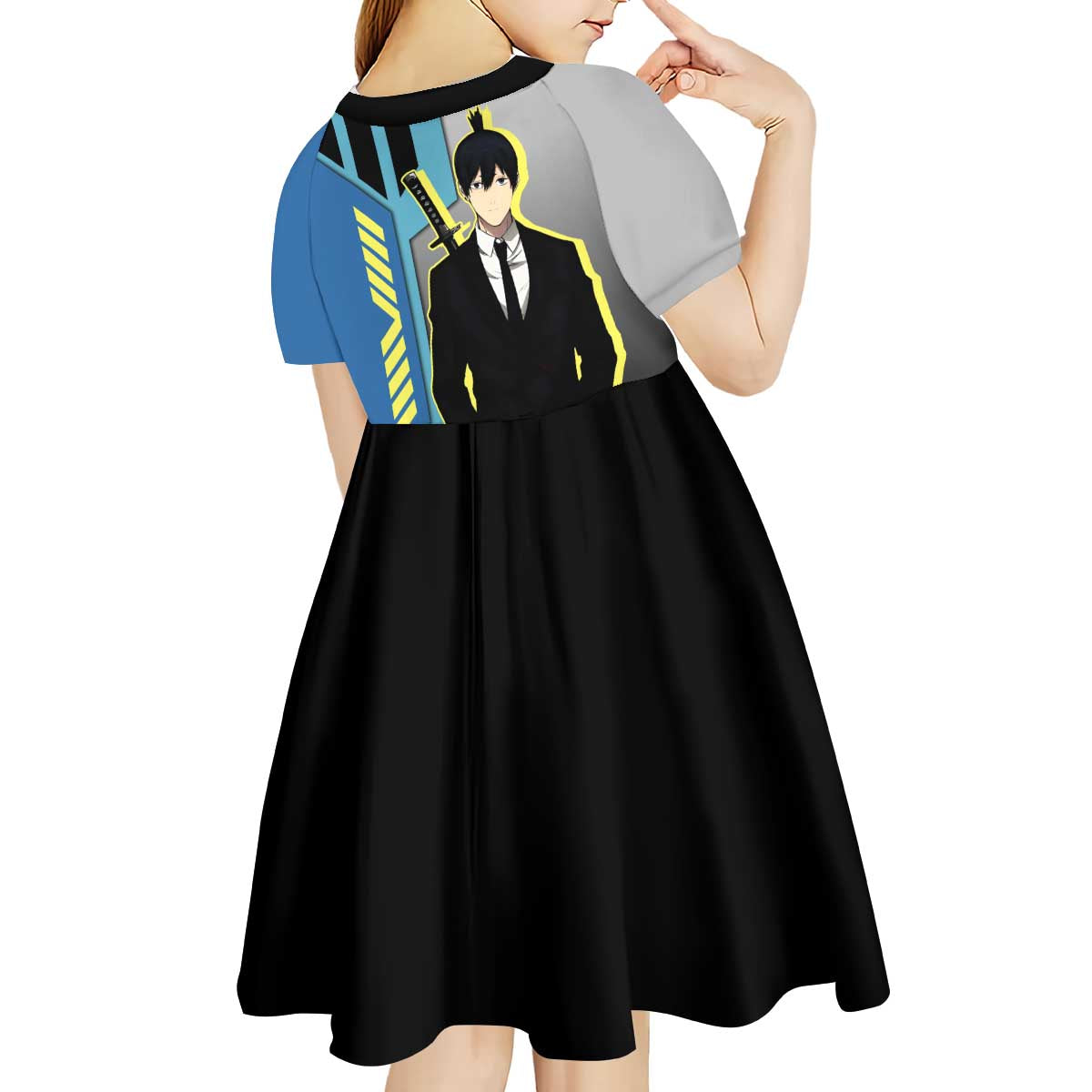 Aki Hayakawa from Chainsaw Man Kid Short Sleeve Dress with Sword and Stylish Pose Design - The Mazicc