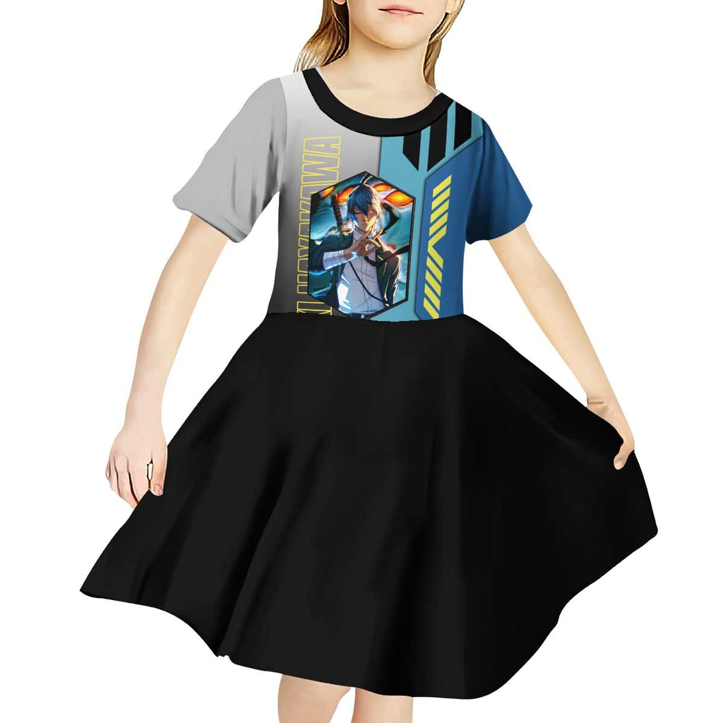 Aki Hayakawa from Chainsaw Man Kid Short Sleeve Dress with Sword and Stylish Pose Design - The Mazicc