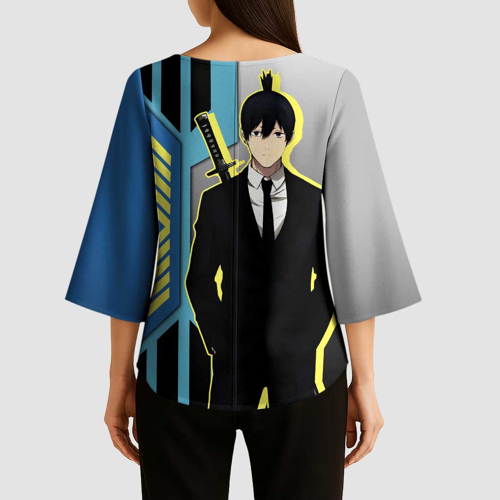 Aki Hayakawa from Chainsaw Man Kimono Sleeve Blouse with Sword and Stylish Pose Design - The Mazicc