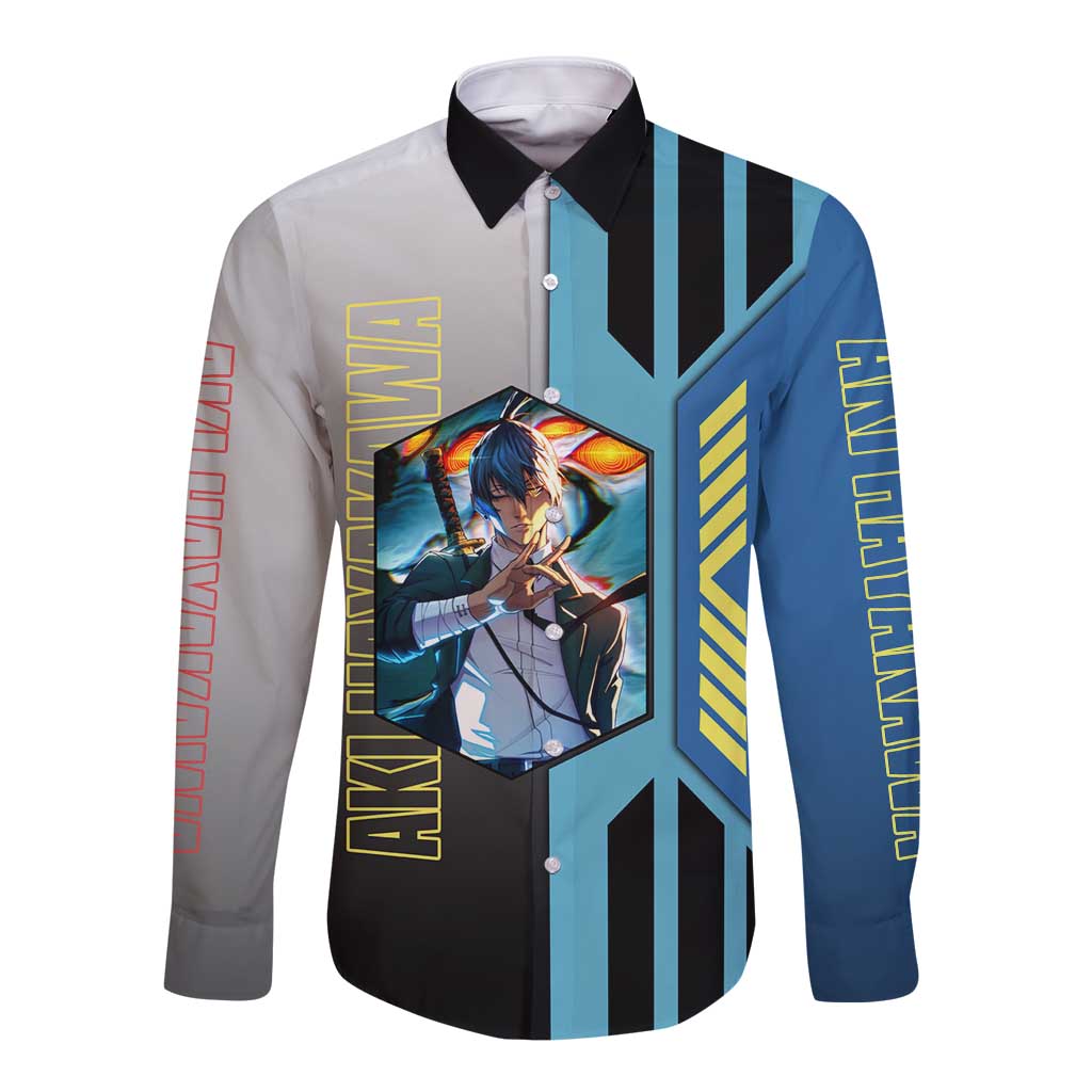Aki Hayakawa from Chainsaw Man Long Sleeve Button Shirt with Sword and Stylish Pose Design - The Mazicc