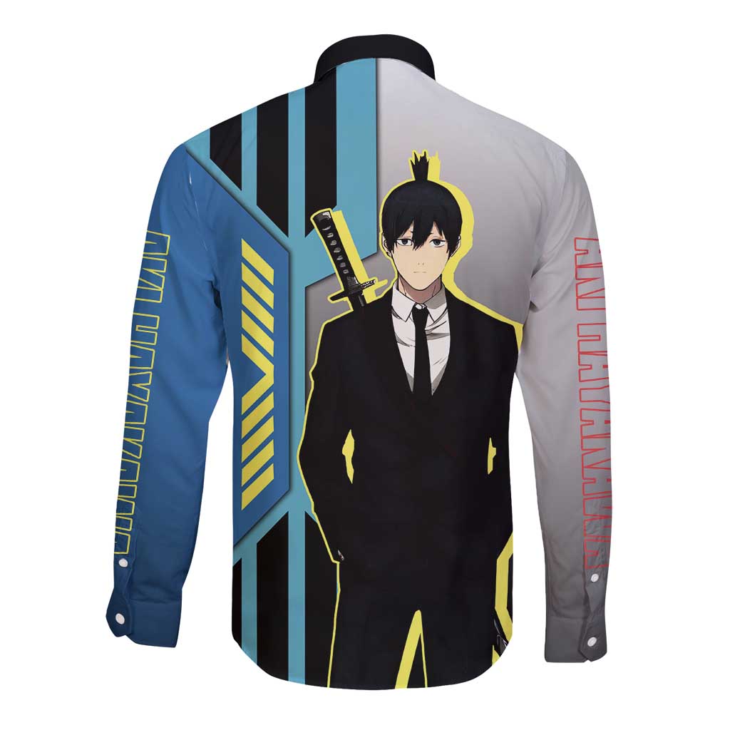 Aki Hayakawa from Chainsaw Man Long Sleeve Button Shirt with Sword and Stylish Pose Design - The Mazicc