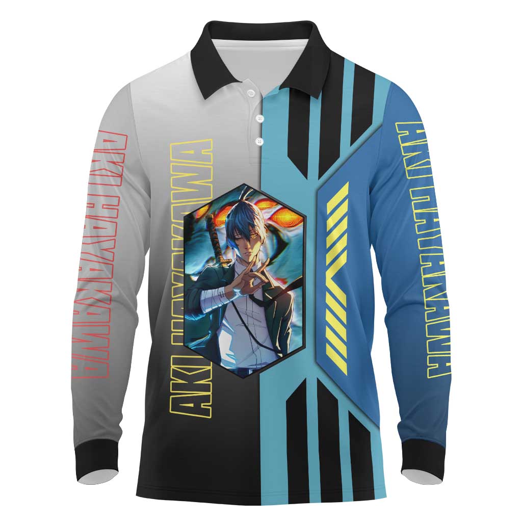 Aki Hayakawa from Chainsaw Man Long Sleeve Polo Shirt with Sword and Stylish Pose Design - The Mazicc