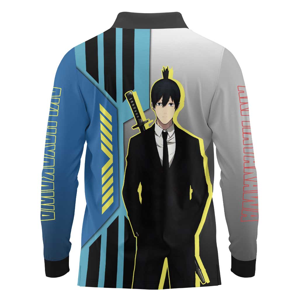 Aki Hayakawa from Chainsaw Man Long Sleeve Polo Shirt with Sword and Stylish Pose Design - The Mazicc