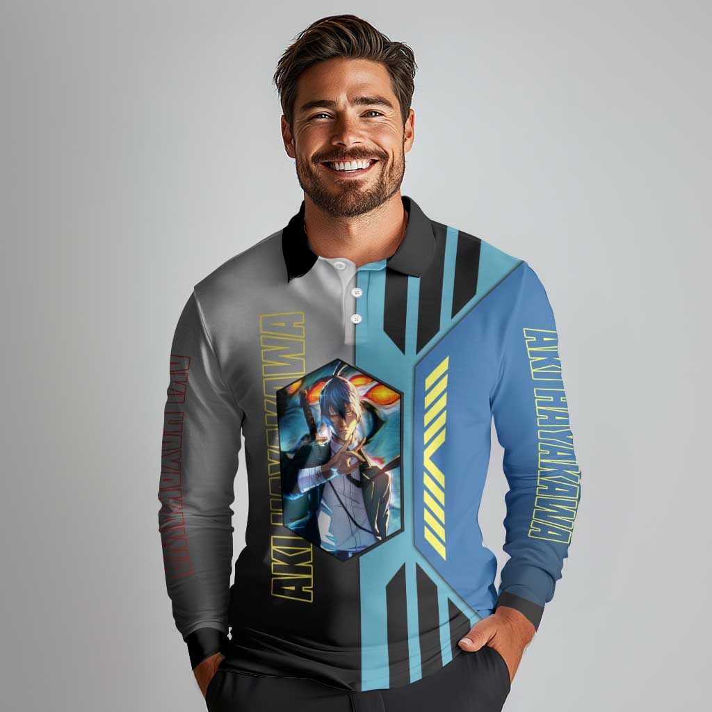 Aki Hayakawa from Chainsaw Man Long Sleeve Polo Shirt with Sword and Stylish Pose Design - The Mazicc