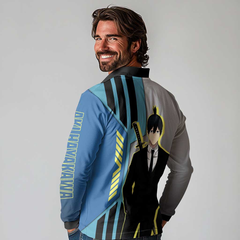 Aki Hayakawa from Chainsaw Man Long Sleeve Polo Shirt with Sword and Stylish Pose Design - The Mazicc