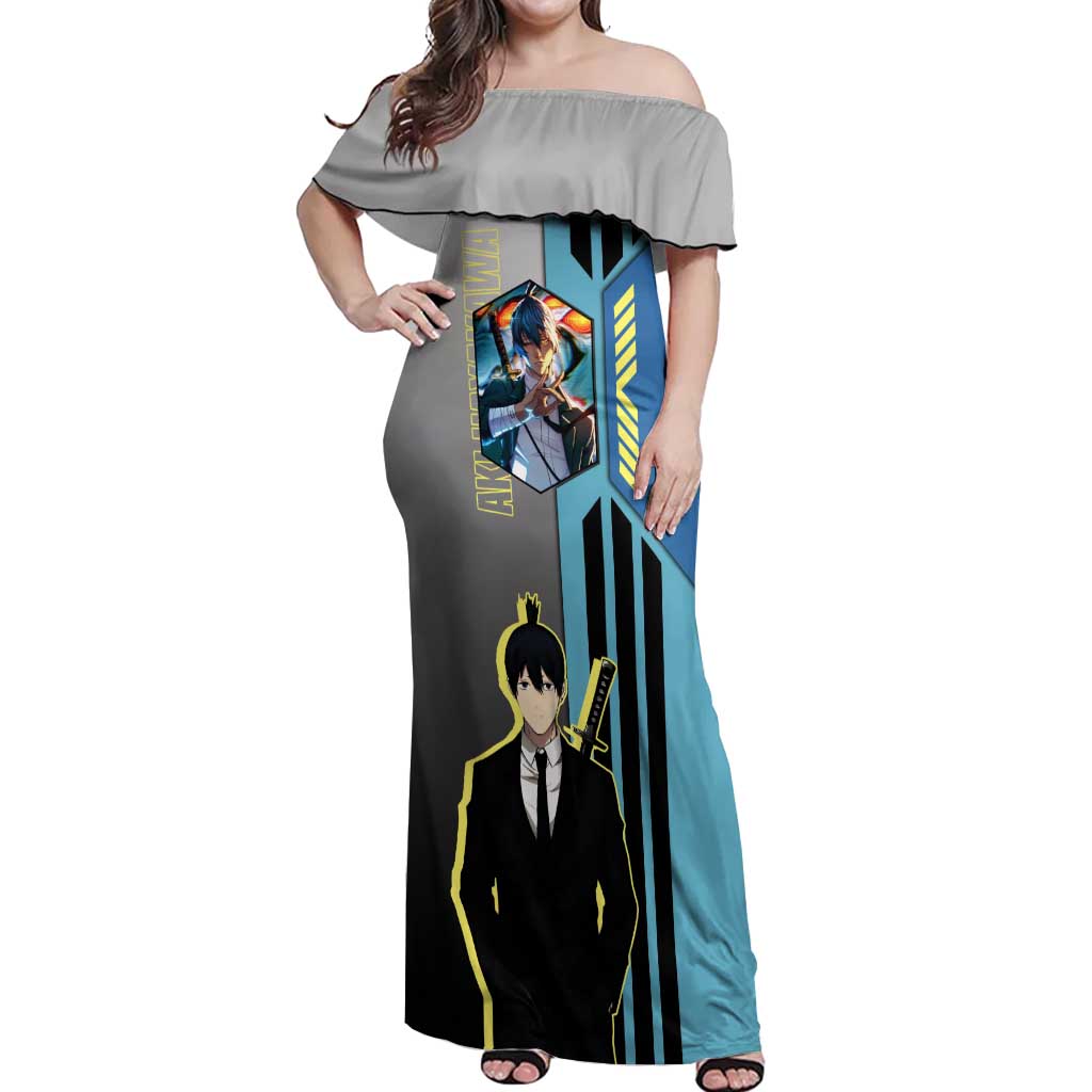 Aki Hayakawa from Chainsaw Man Off Shoulder Maxi Dress with Sword and Stylish Pose Design - The Mazicc