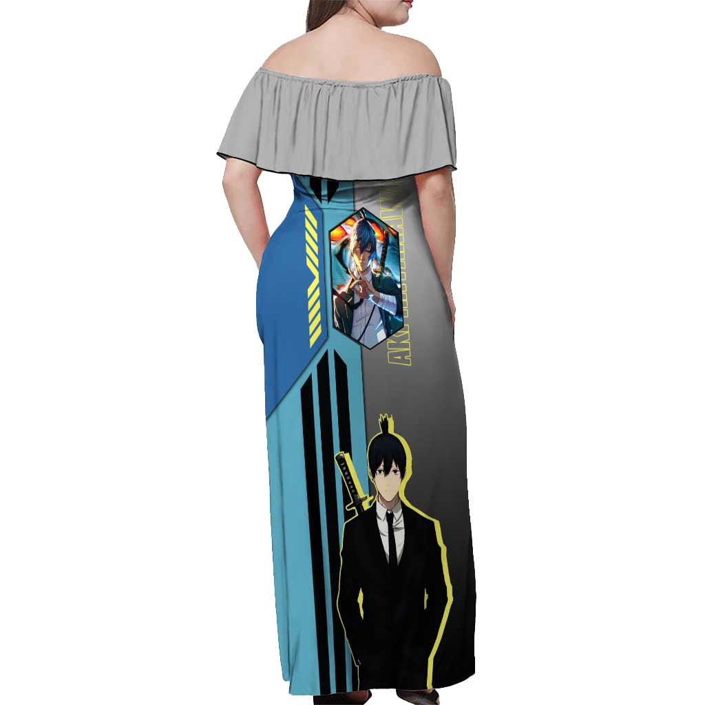 Aki Hayakawa from Chainsaw Man Off Shoulder Maxi Dress with Sword and Stylish Pose Design - The Mazicc