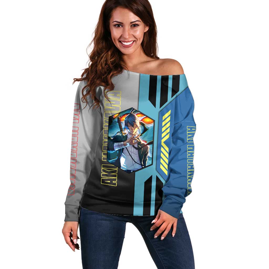 Aki Hayakawa from Chainsaw Man Off Shoulder Sweater with Sword and Stylish Pose Design - The Mazicc