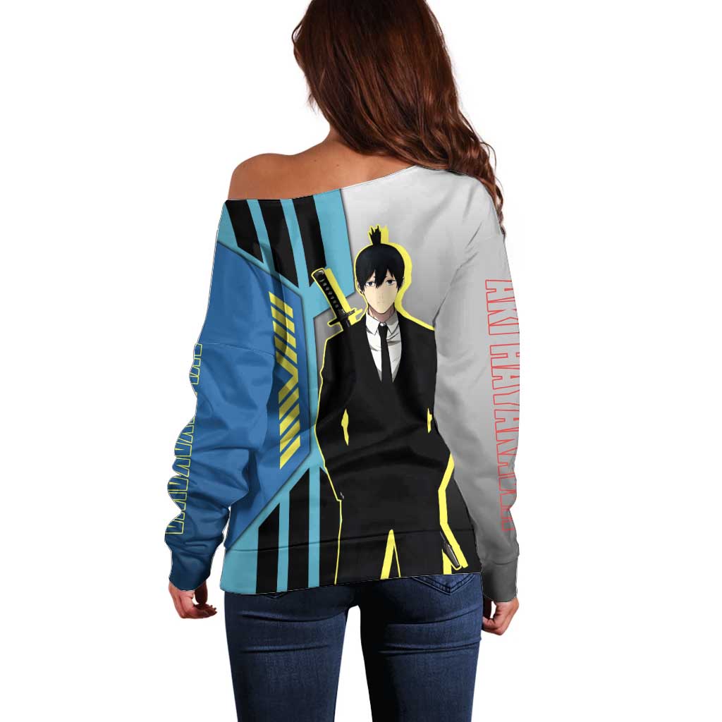Aki Hayakawa from Chainsaw Man Off Shoulder Sweater with Sword and Stylish Pose Design - The Mazicc