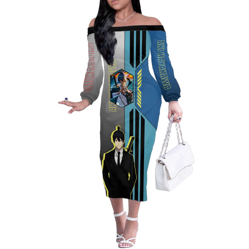 Aki Hayakawa from Chainsaw Man Off The Shoulder Long Sleeve Dress with Sword and Stylish Pose Design - The Mazicc