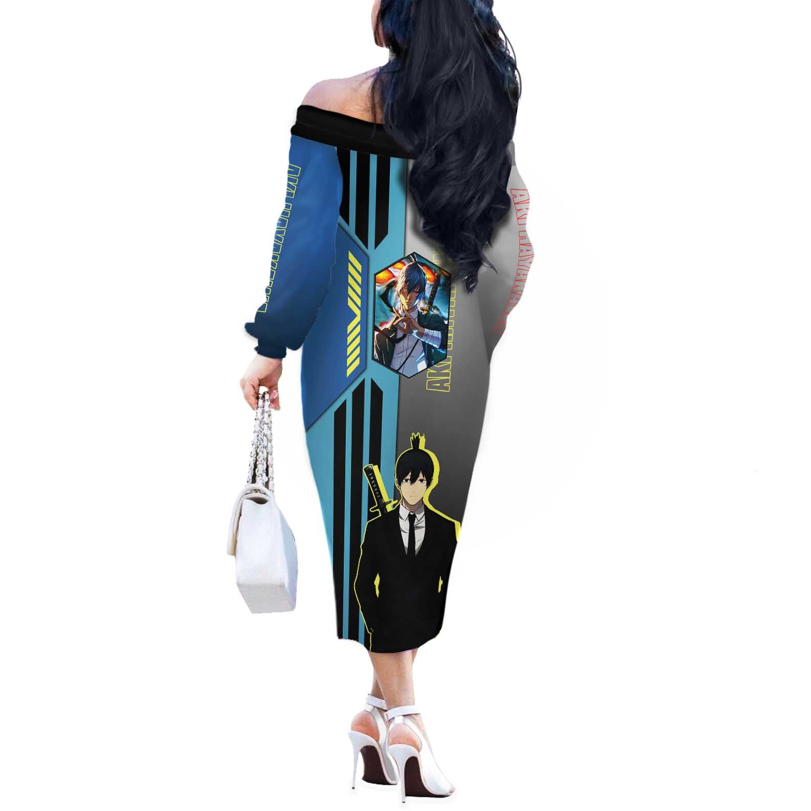 Aki Hayakawa from Chainsaw Man Off The Shoulder Long Sleeve Dress with Sword and Stylish Pose Design - The Mazicc