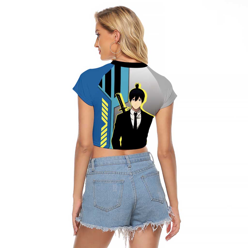 Aki Hayakawa from Chainsaw Man Raglan Cropped T Shirt with Sword and Stylish Pose Design - The Mazicc
