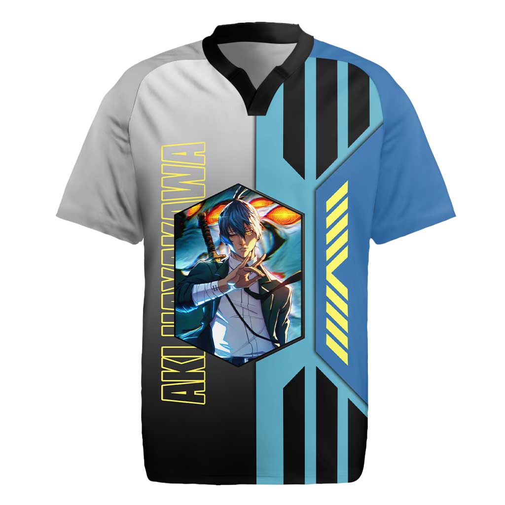 Aki Hayakawa from Chainsaw Man Rugby Jersey with Sword and Stylish Pose Design - The Mazicc