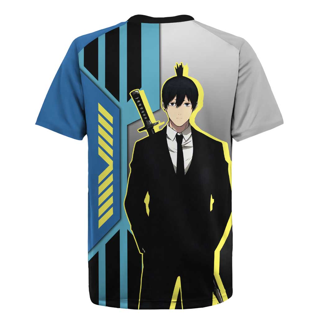 Aki Hayakawa from Chainsaw Man Rugby Jersey with Sword and Stylish Pose Design - The Mazicc