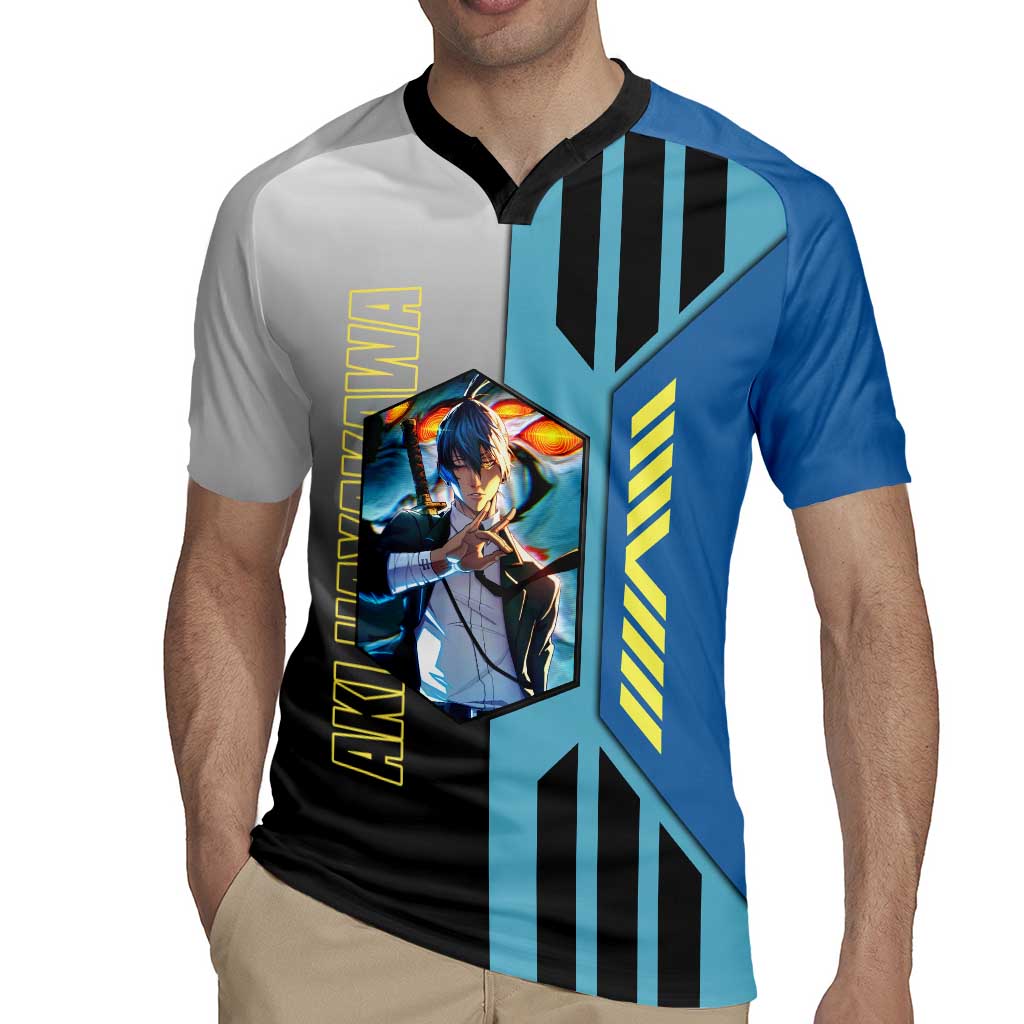 Aki Hayakawa from Chainsaw Man Rugby Jersey with Sword and Stylish Pose Design - The Mazicc
