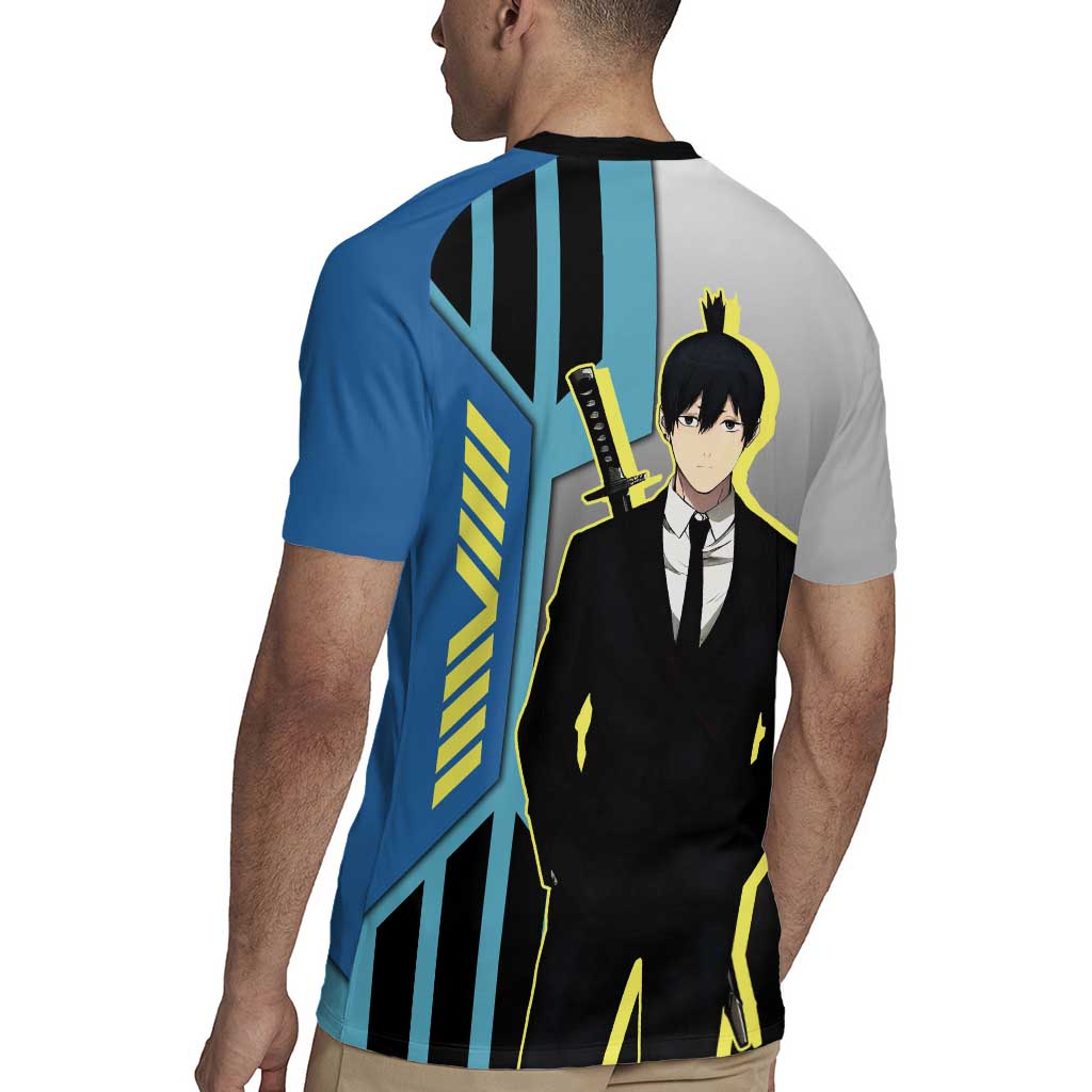 Aki Hayakawa from Chainsaw Man Rugby Jersey with Sword and Stylish Pose Design - The Mazicc