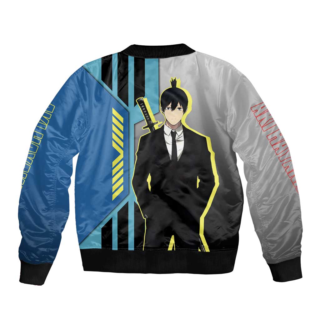 Aki Hayakawa from Chainsaw Man Sleeve Zip Bomber Jacket with Sword and Stylish Pose Design - The Mazicc