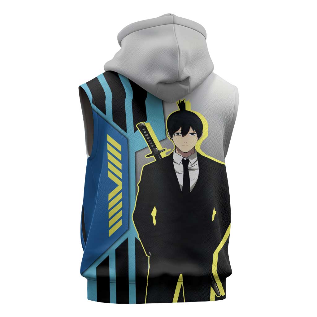 Aki Hayakawa from Chainsaw Man Sleeveless Hoodie with Sword and Stylish Pose Design - The Mazicc